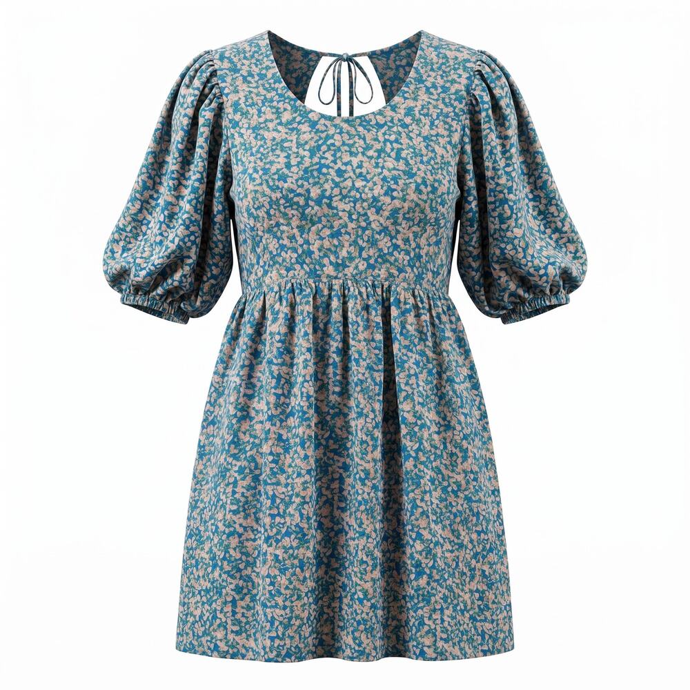 Mirth Handmade Blue Floral Cotton Mini Dress Size L